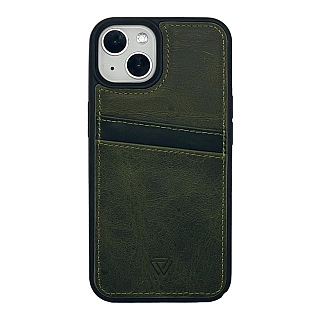 Platina Double Card Holder Case 100% leer for iPhone 13 Green