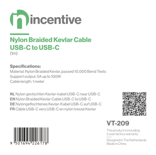 iNcentive Nylon Braided Kevlar Cable  USB-C to USB-C 100W 1 meter (VT209)