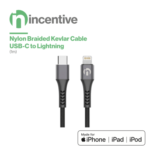 iNcentive Nylon Braided Kevlar Cable USB-C to Lightning 1 meter Apple MFI certified (VT374)