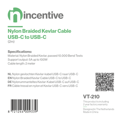 iNcentive Nylon Braided Kevlar Cable USB-C to USB-C 100W 2 meter (VT210)