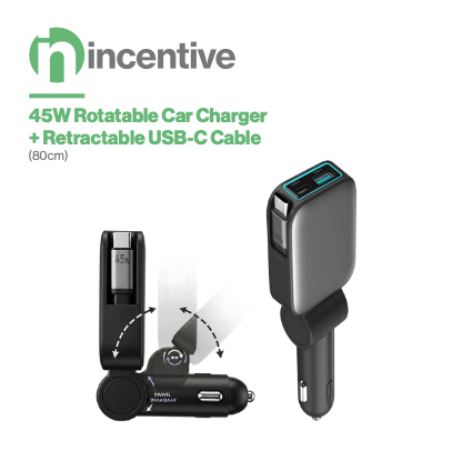 iNcentive 45W Rotatable Car Charger + Retractable USB-C Cable (VT334)