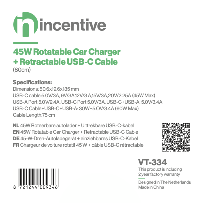 iNcentive 45W Rotatable Car Charger + Retractable USB-C Cable (VT334)