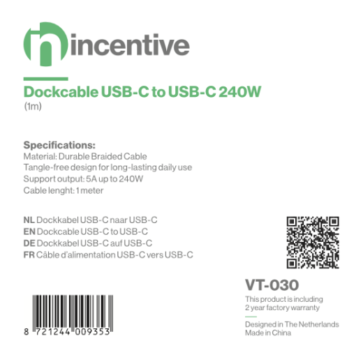 iNcentive 2-in-1 Dockcable USB-C to USB-C 240W 1 meter (VT030)