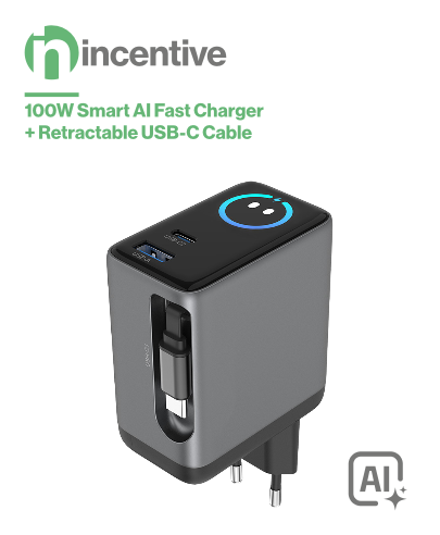 iNcentive 100W Smart AI Fast Charger  + Retractable USB-C Cable (VT404)
