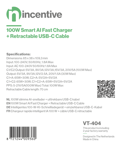 iNcentive 100W Smart AI Fast Charger  + Retractable USB-C Cable (VT404)