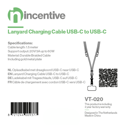 iNcentive 2-in-1 Lanyard Charging Cable USB-C to USB-C 1 meter (VT020)