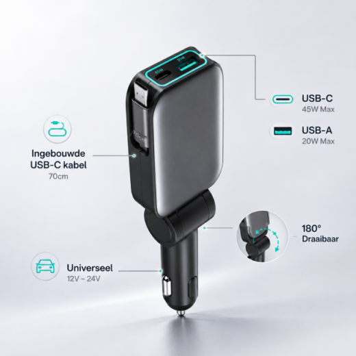 iNcentive 45W Rotatable Car Charger + Retractable USB-C Cable (VT334)