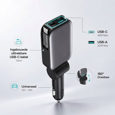 iNcentive 45W Rotatable Car Charger + Retractable USB-C Cable (VT334)