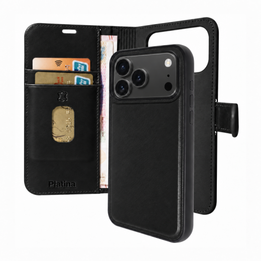 Platina Real Leather 2-in-1 Wallet (MagSafe Compatible) for iPhone 17 Pro Max 18 Pro Max Black