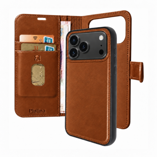Platina Real Leather 2-in-1 Wallet (MagSafe Compatible) for iPhone 17 Pro / 18 Pro Cognac