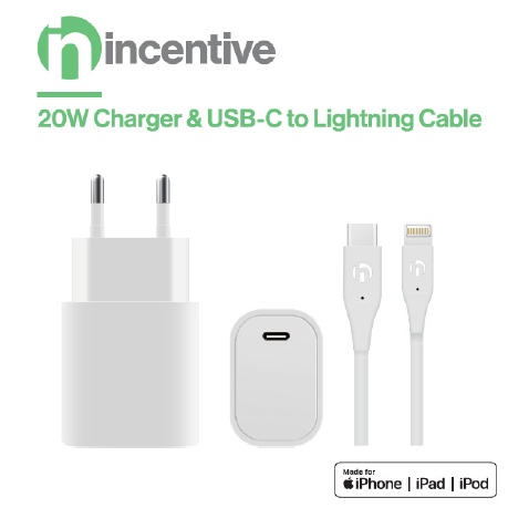 iNcentive Travel Adapter 20W USB-C + USB-C to Lightning Cable MFI (VT395)