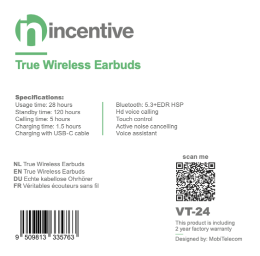 iNcentive True Wireless Earbuds Black In-Ear & Noise Cancelling  (VT-24)