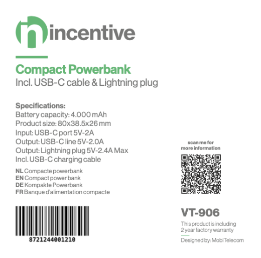 iNcentive Compact Powerbank 4.000 mAh including cables (Lightning / USB-C ) VT906