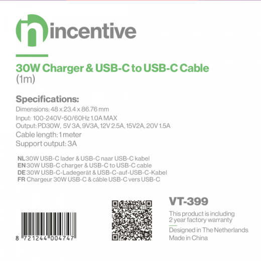iNcentive Travel Adapter 30W PD USB-C + USB-C to USB-C Cable (VT399)