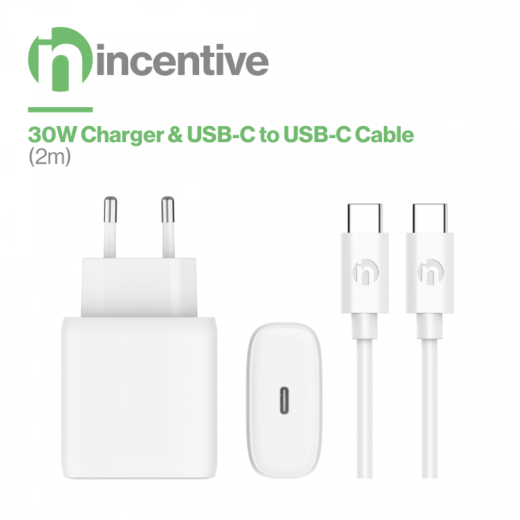 iNcentive Travel Adapter 30W PD USB-C + USB-C to USB-C Cable 2 Meter (VT392) = opvolger van HLVT397