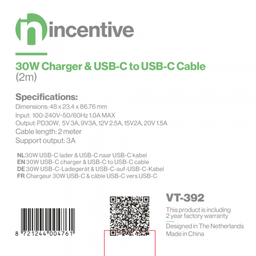 iNcentive Travel Adapter 30W PD USB-C + USB-C to USB-C Cable 2 Meter (VT392) = opvolger van HLVT397