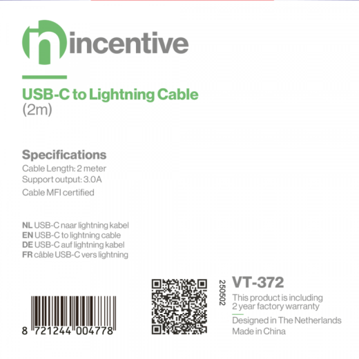 iNcentive USB-C to Lightning Cable 2 meter Apple MFI certified (VT372)