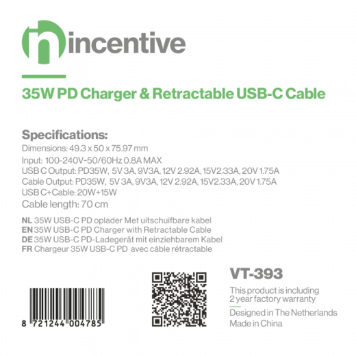 iNcentive Travel Adapter 35W USB-C PD + Retractable USB-C Cable (VT393)