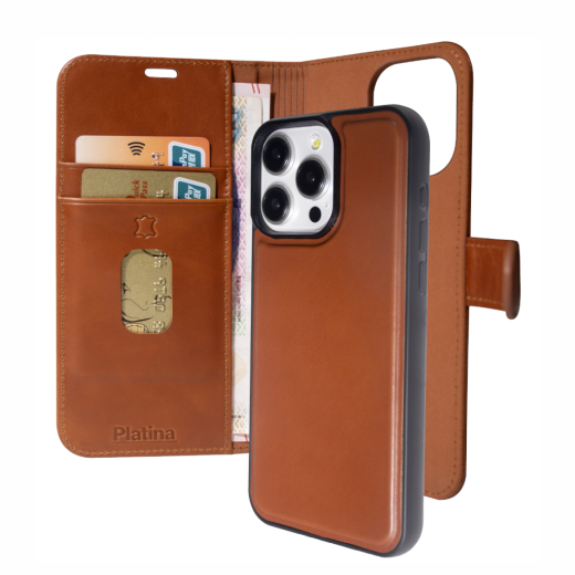 Platina Real Leather 2-in-1 Wallet (MagSafe Compatible) for iPhone 14/15 Plus Cognac