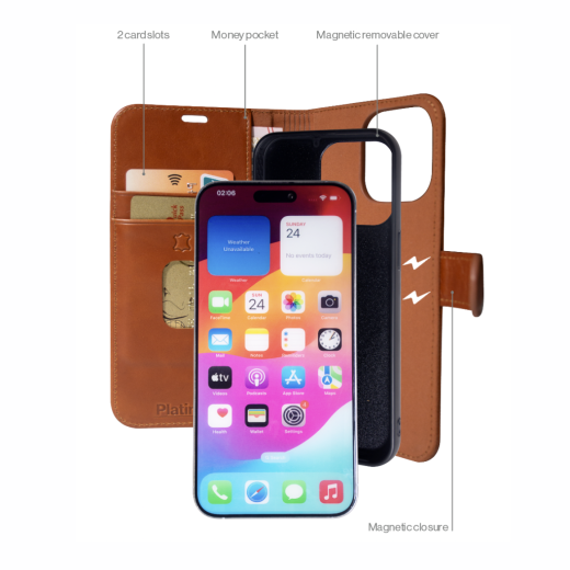 Platina Real Leather 2-in-1 Wallet (MagSafe Compatible) for iPhone 17 Pro Max / 18 Pro Max Cognac